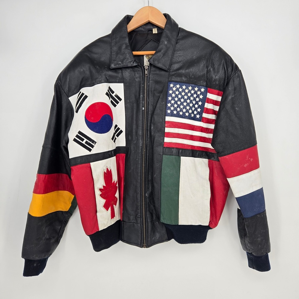 Vintage Phase 2 Black Leather Bomber Jacket Mens L World Flags International